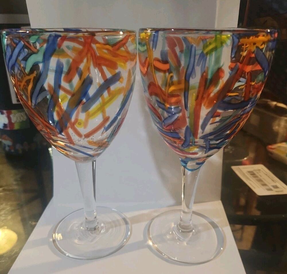 2 Pier 1 Imports Multicolor Confetti Hand Blown Art Glass Wine Goblets 8" 90s